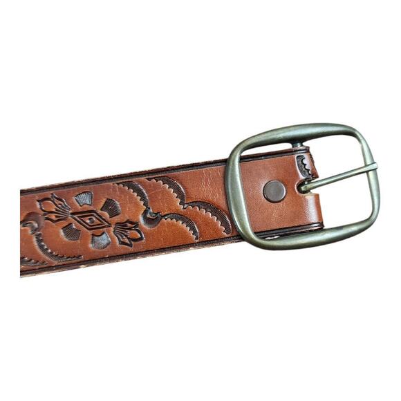 Brown Full grain cowhide belt tooled design made in USA leather - Picture 4 of 10